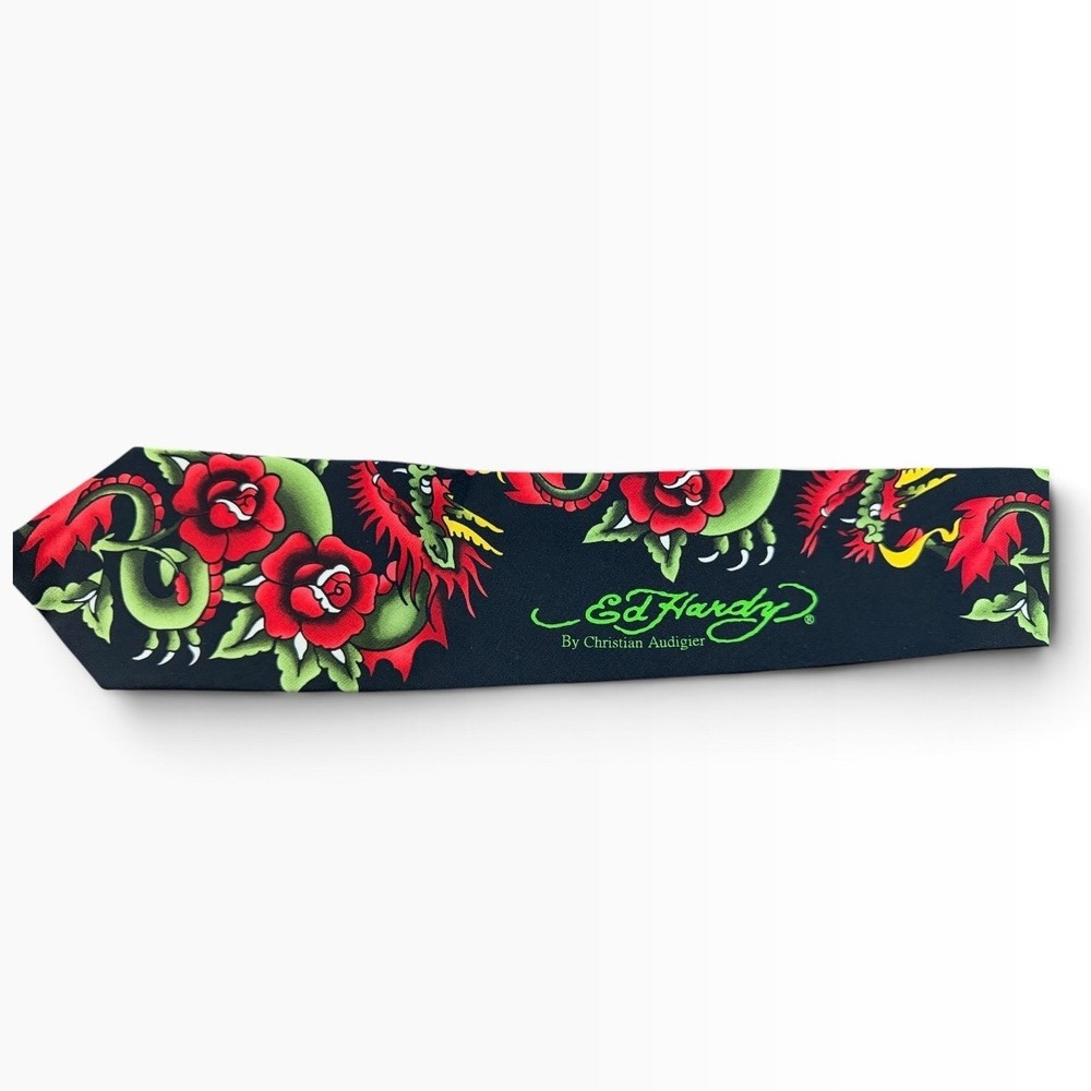 NWT! Ed Hardy Christian Audigier  Silk Tie Black Dragon Rose Tattoo Print Goth